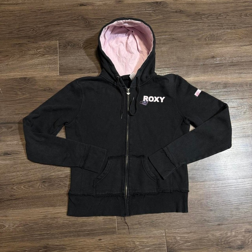 Vintage Y2K Roxy Quiksilver black zip up hoodie pink lining Women's Size L